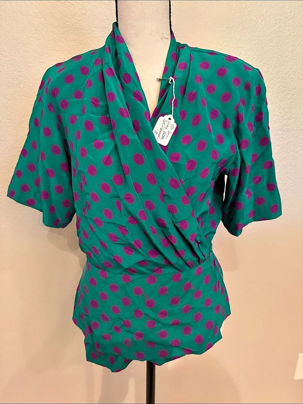 Vintage Ann May Polka Dot Blouse Silk Polka Dot Wrap Blouse Size Small NWT